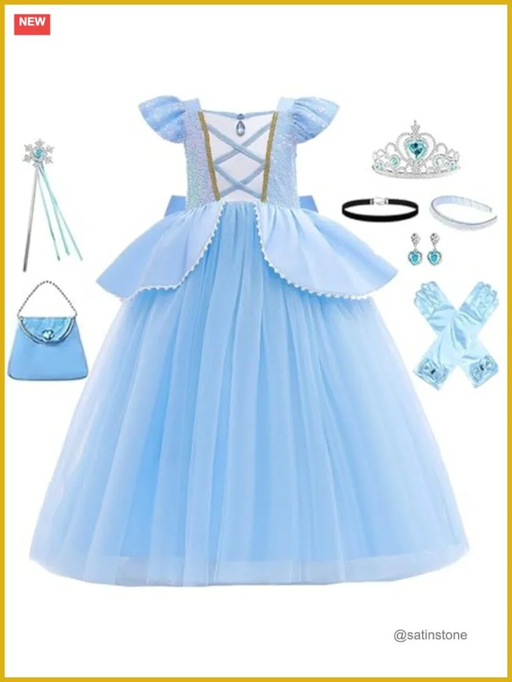 Girls Blue Princess Costume Dress with Crown Scepter Gloves Halloween Cosplay